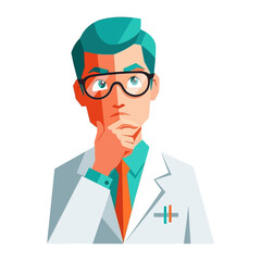 The Thoughtful Doctor: A portrait of a doctor lost in thought, captured in a striking digital illustration. Showcasing a professional, contemplative, medical expert.