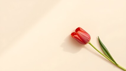 Single red tulip on a beige textured background, captured in a minimalist flat lay composition.