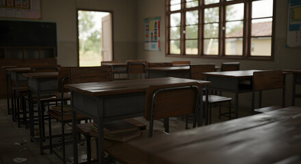 Empty Classroom with Wooden Desks and Chairs in Natural Light