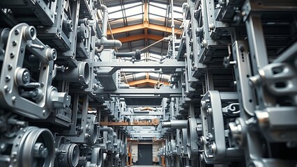 Precisely arranged industrial metal components forming geometric patterns under overhead workshop lighting.