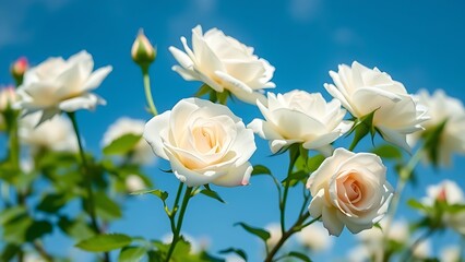 Close-up of white roses in full bloom against a vibrant blue sky.