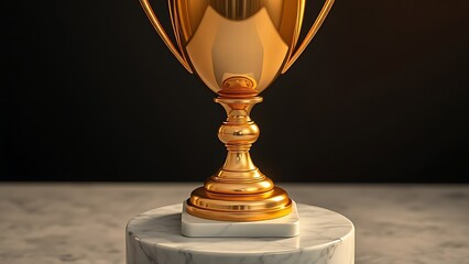 A golden trophy gleaming on a marble stand under warm spotlight, set against a dark elegant background.