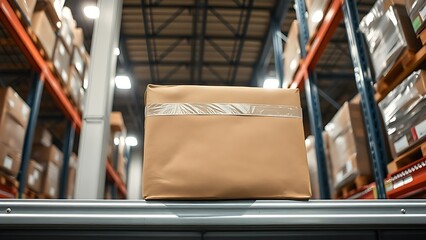 Cardboard box sealed with tape on a warehouse shelf, viewed from a 45-degree angle.