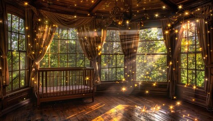 A cozy, vintage nursery bathed in golden light