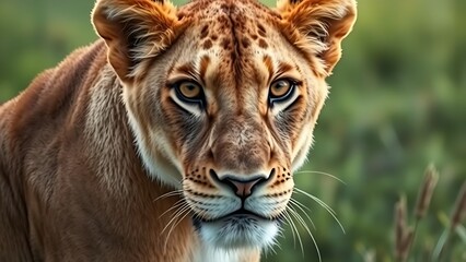A close-up of a lioness with piercing eyes and detailed fur, embodying wild beauty.