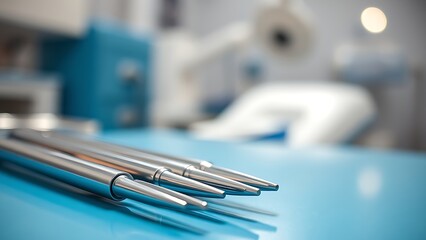 Dental tools on a clean blue surface in a sterile medical setting.