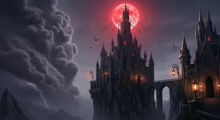 Vampire castle on cliff with blood-red moon, bats, lanterns, and gothic horror vibe.