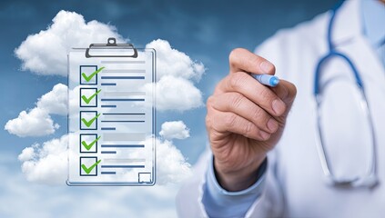 Doctor checking off items on a digital clipboard in the clouds