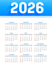 white blue 2026 english calendar layout in business style