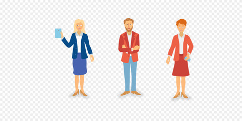 Set of different people using gadgets. Business men and women holding smartphones and tablet, texting, talking, watching news. Group of male, female cartoon characters