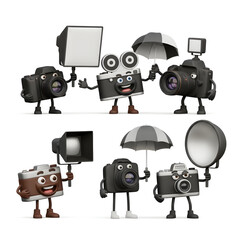 Whimsical camera characters showcase photography gear and accessories in a fun, modern style