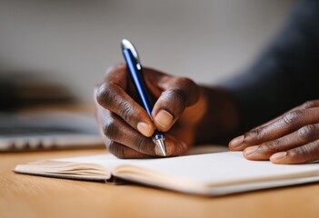 Close-up of hands writing in a notebook