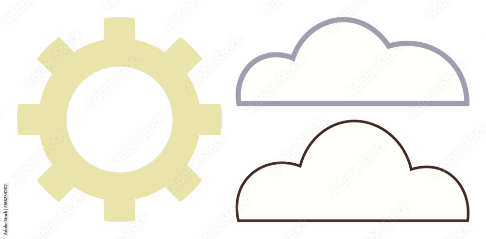 Poster minimalist gear and cloud outlines symbolizing technology, creativity, and system integration. ideal
