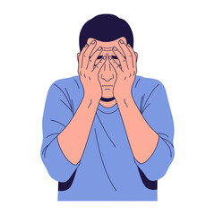 Despondent Reflection: An introspective illustration portraying a figure consumed by contemplation, hands shielding their face in a moment of inward reflection, embodying introspection.