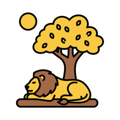 Cartoon Lion Resting Under a Tree with Yellow Leaves and a Brown Mane.