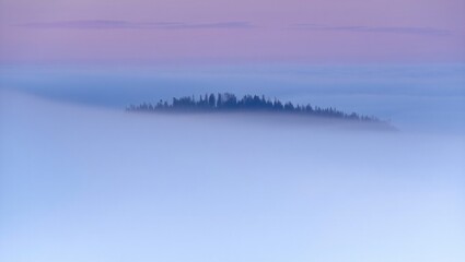 Obraz premium Nature Background Serene Forest Silhouette Emerging from Misty Dawn Soft Pastel Colors