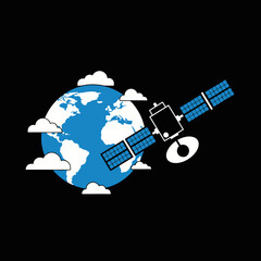 Futuristic Satellite Orbiting Blue Earth Amidst White Clouds.