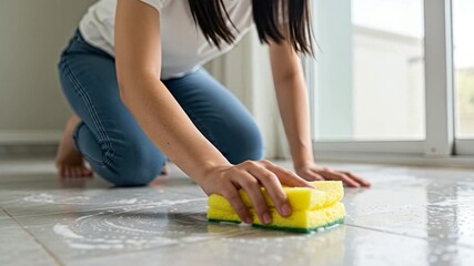 A person kneels and cleans a floor with a yellow sponge. - Powered by Adobe