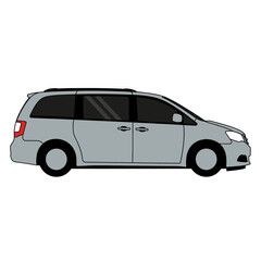Light gray minivan illustration with dark tinted windows and roof rails side view.