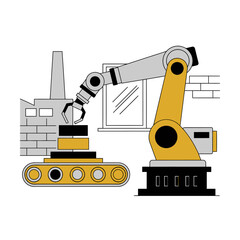 Industrial Robotic Arm Assembling Blocks on Conveyor Belt in Factory Setting.