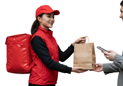 Delivery person handing a package to a customer isolated on transparent background