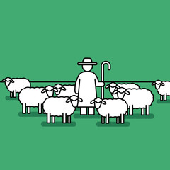 Minimalist line art illustration of a shepherd with a hat and crook tending a flock of white sheep.