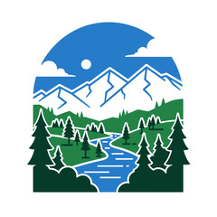 Fototapeta premium Mountain Landscape Illustration Snowy Peaks River and Evergreen Trees in a Circular Design.