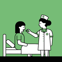Nurse Giving Medication to Patient in Bed Simple Illustration Style.