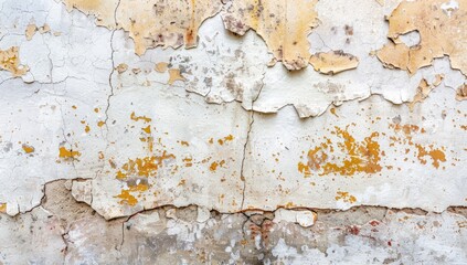 Peeling paint on weathered stucco wall, showing layers of beige, yellow, and white