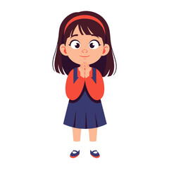 Sweet Girl's Pose: A cute little girl, her hands clasped together in a gesture of polite greeting, stands confidently in a vibrant outfit, demonstrating the innocence of childhood.