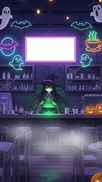 Cute Witch Anime Character Brewing Potion in Halloween Themed Cafe with Neon Decorations