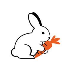 Obraz premium Simple White Rabbit Cartoon Holding Orange Carrot Black Outline Design.