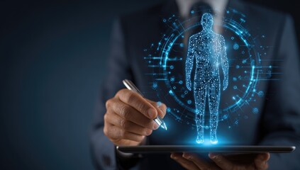 Digital human model overlaid on a tablet, held by a person in a suit