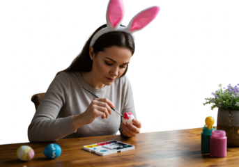 Woman with bunny ears painting an easter egg at a table isolated on white isolated on transparent background