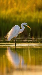 Naklejka premium Majestic Great Egret Hunting at Golden Hour in Wetland Habitat