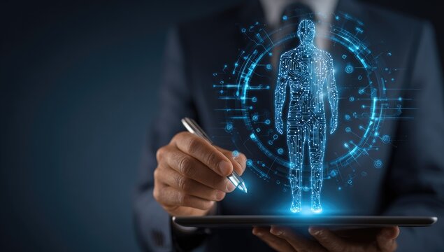 Digital human model overlaid on a tablet, held by a person in a suit