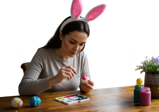 Woman with bunny ears painting an easter egg at a table isolated on white isolated on transparent background