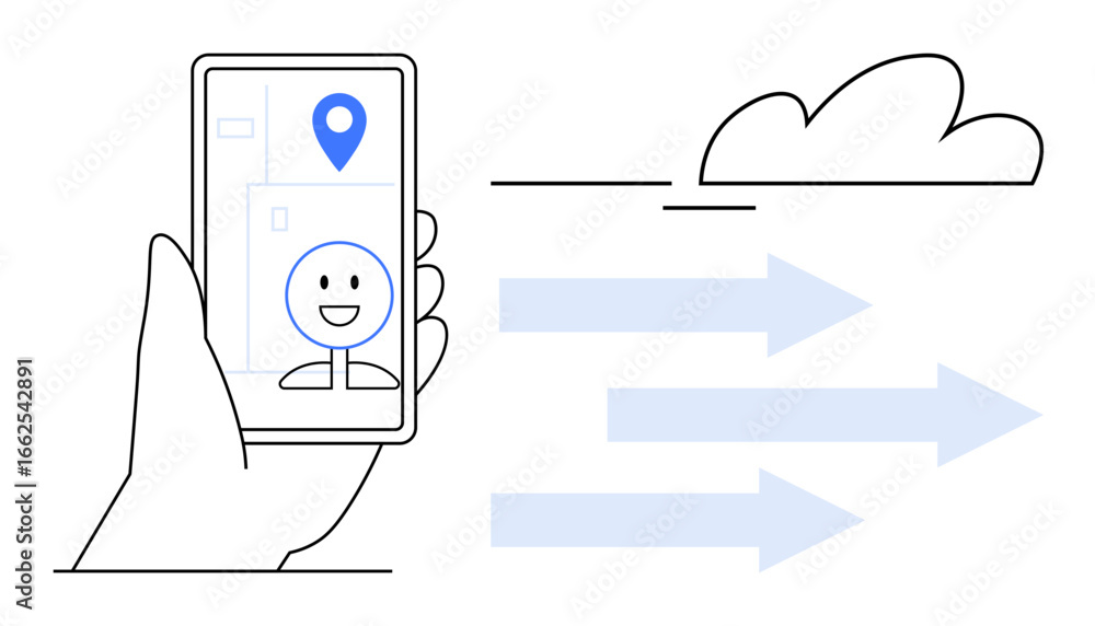Poster hand holding smartphone with smiling face and location marker on screen. arrows point to cloud, symb