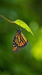 Obraz premium Monarch Butterfly Resting on Green Leaf Vibrant Nature Image Close Up