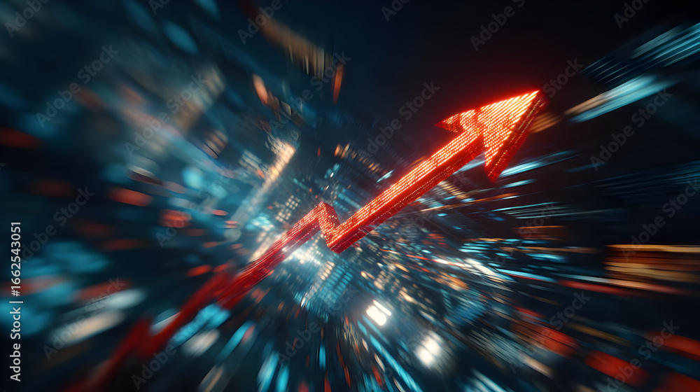 Poster red glowing upward arrow in a dynamic cityscape background