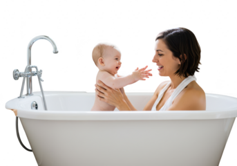 Mother and baby playing in bathtub isolated on transparent background