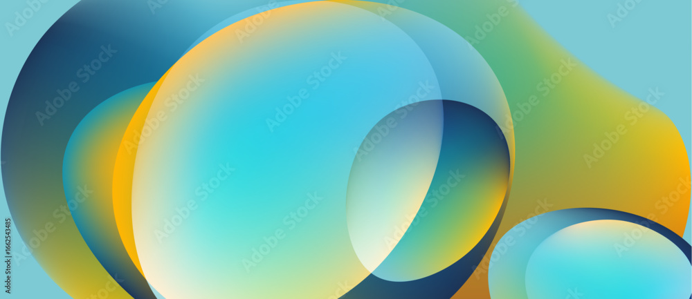 Poster abstract composition featuring overlapping colorful circles. gradient hues blend blues, yellows, gre