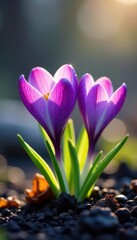 Obraz premium Delicate crocuses and hyacinths emerge, dew drops sparkle, blue, light