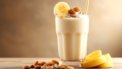 A creamy banana smoothie topped with almonds, served in a glass, accompanied by banana slices on a wooden surface.