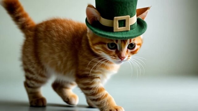 A small orange tabby cat wearing a green leprechaun hat stands on a light background. The cat has bright eyes and a playful expression.