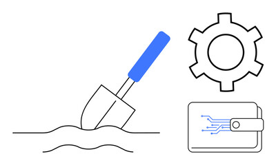 Shovel in soil, gear for processes or automation, digital wallet for finance or technology. Ideal for mining, blockchain, cryptocurrency, innovation, engineering, digital economy simple landing page