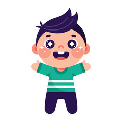 Playful Boy: A charming cartoon boy with sparkling eyes and an open, welcoming expression, dressed in a cheerful green outfit, embodying the essence of childhood happiness.