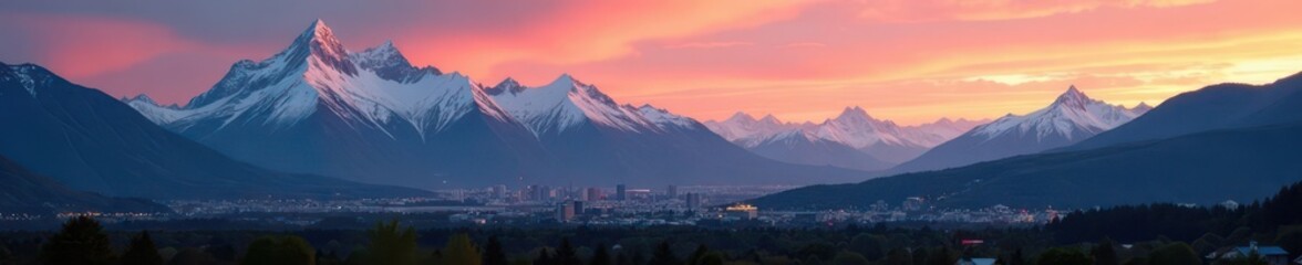 Majestic Alaskan mountain range backdrop, city skyline at sunrise, adventure, sea