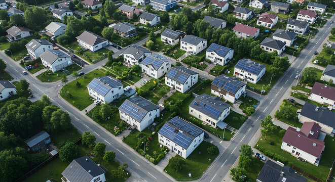 Aerial View of Modern Suburban Neighborhood with Solar-Powered Houses and Green Spaces