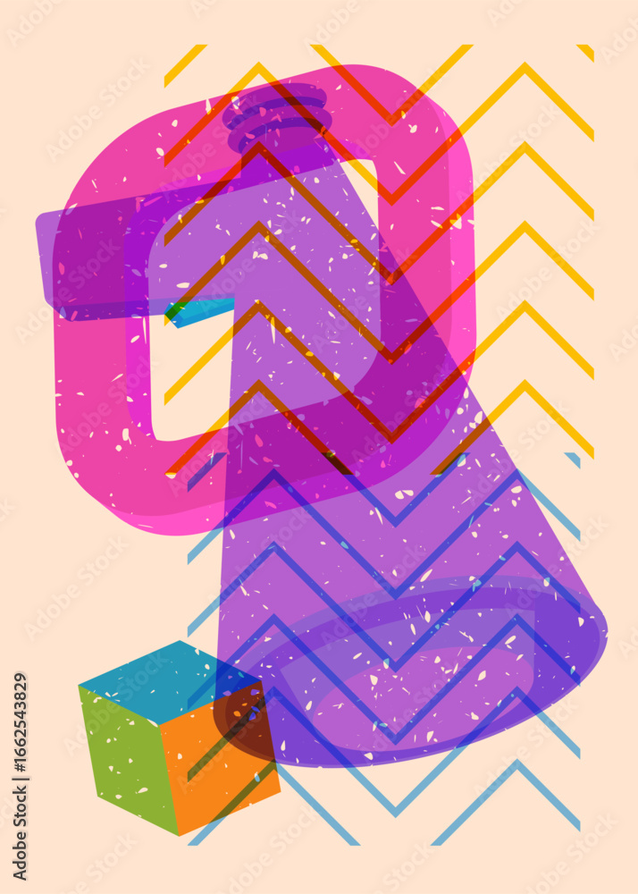 Poster risograph megaphone with geometric shapes. objects in trendy riso graph print texture style design w